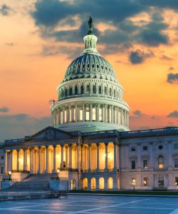 US Capitol Building at sunset with American flags is the home of the United States Congress in Washington D.C, USA.